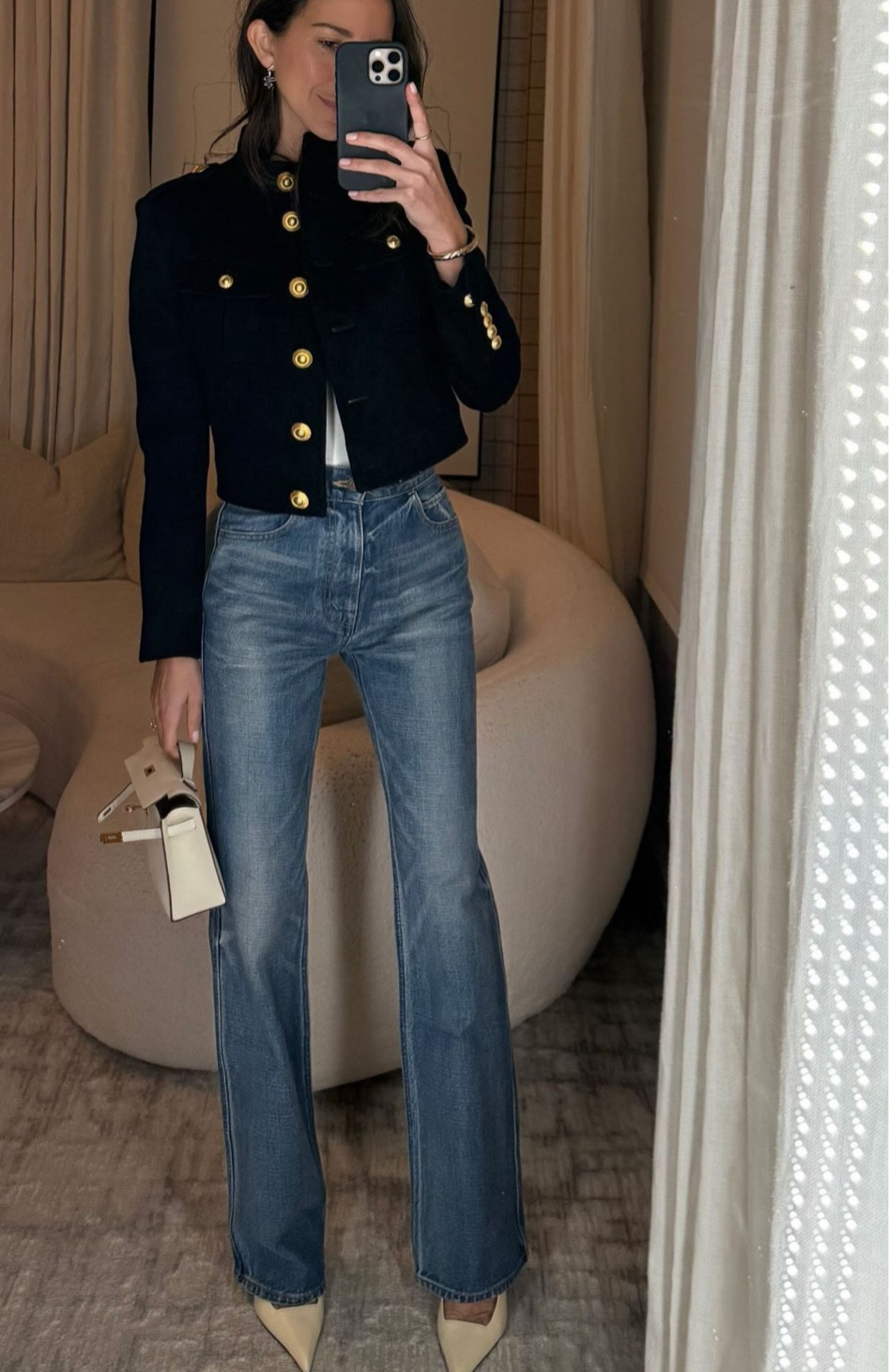 Last night’s outfit 🖤 My jeans are Celine and earrings are Jenna Blake but linked similar!