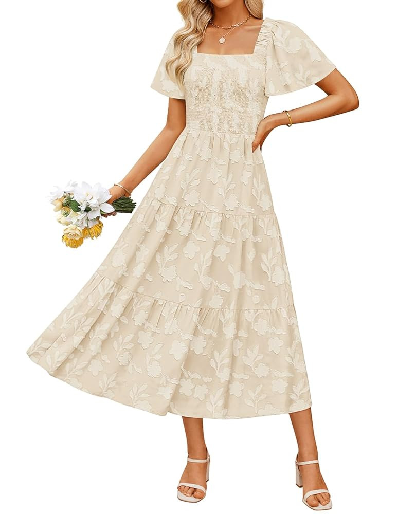 ZESICA Women‘s Summer Boho Floral Midi Dress 2025 Casual Short Sleeve Square Neck Flowy Beach V... | Amazon (US)