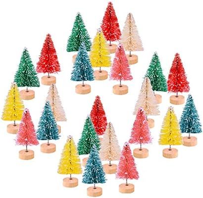 KUUQA 24Pcs Multicolor Mini Sisal Trees Bottle Brush Trees Mini Pine Trees with Wood Base Snow Fr... | Amazon (US)