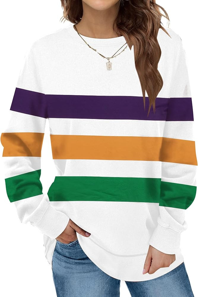 Womens Mardi Gras Shirt Stripes Fat Tuesday Tee Shirt New Orleans Carnival Party Long Sleeve Shir... | Amazon (US)