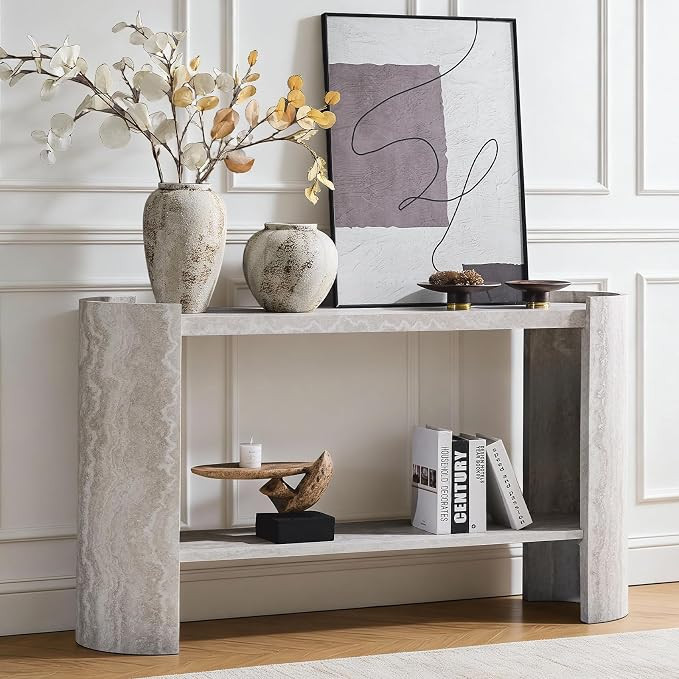 53" Faux Travertine Stone Console Table for Entryway, 2-Tier Sofa Entrance Table with Faux Mars M... | Amazon (US)
