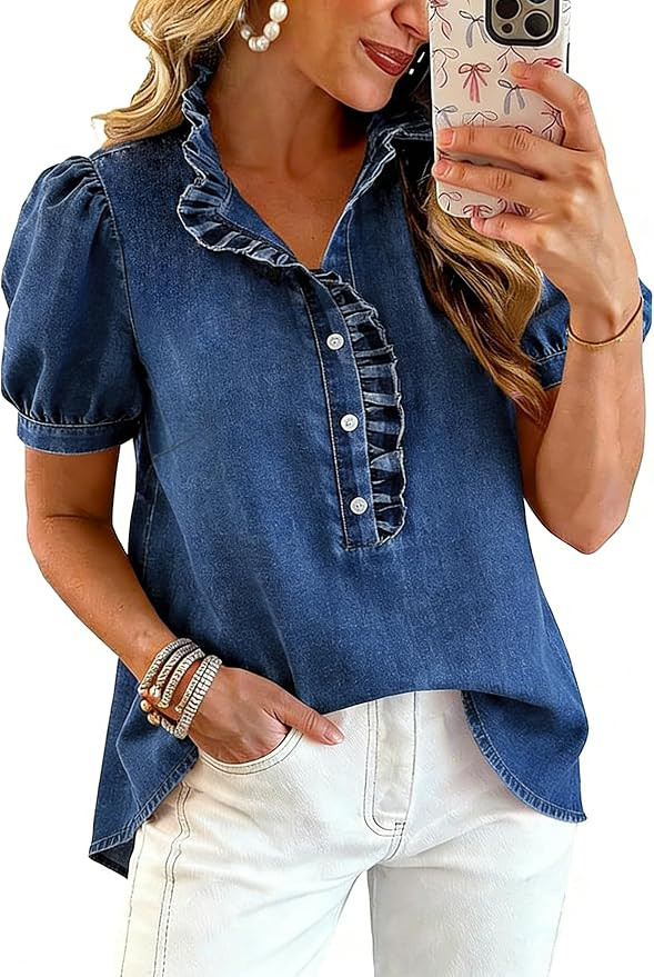 utcoco Denim Shirt Women Y2k Ruffle Denim Top Button Down Jean Shirt | Amazon (US)