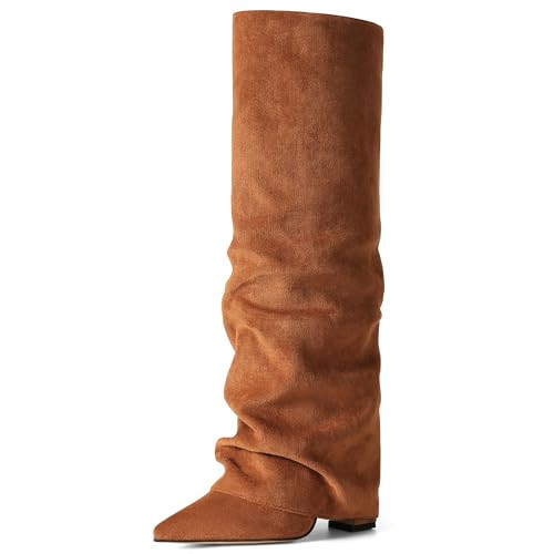 SaraIris Women's Slouchy Brown Knee High Boots - Suede, Pointed Toe, Fold Over, Chunky | Amazon (US)