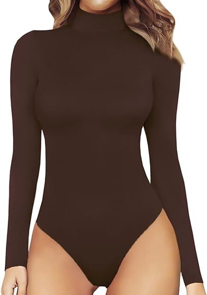 Amazon.com: MANGOPOP Women's Mock Turtle Neck Long Sleeve Tops Bodysuit Jumpsuit (Long Sleeve Cof... | Amazon (US)