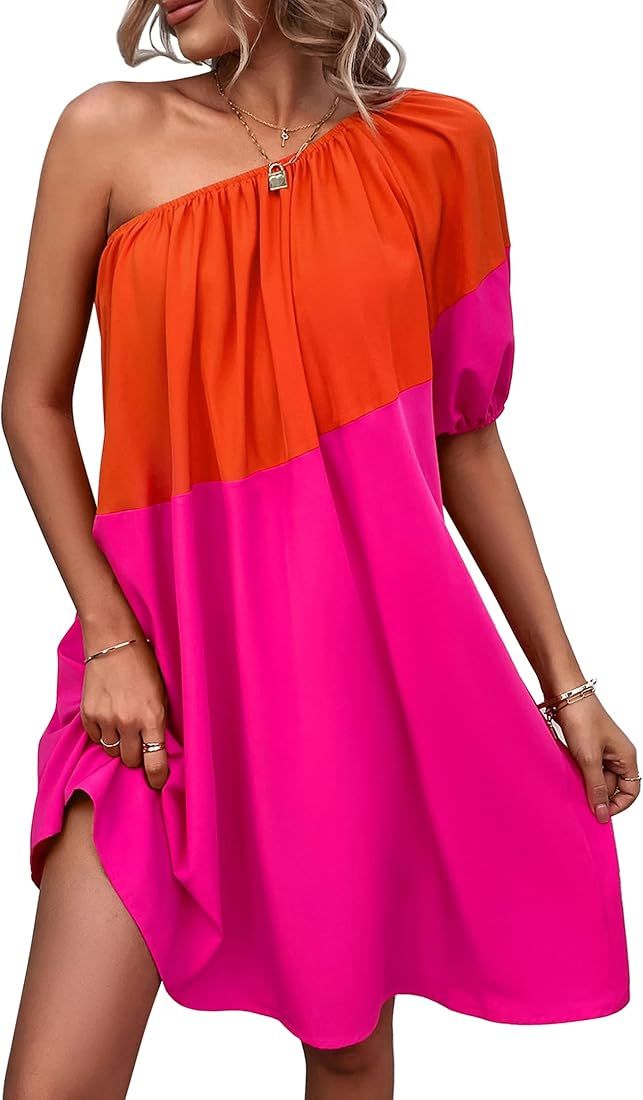 KIRUNDO Womens 2023 Summer Casual One Shoulder Mini Babydoll Dress Puff Sleeve Loose Tiered A Lin... | Amazon (US)