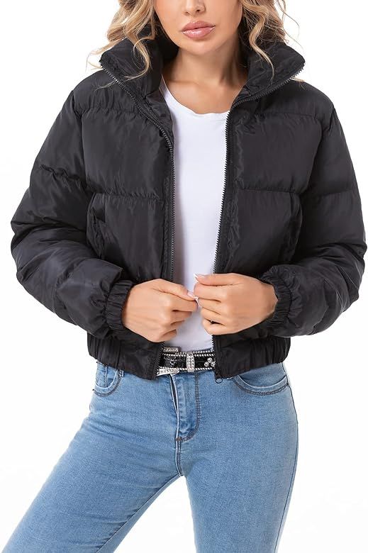 Puffer Jacket Womens Casual Long Sleeve Bomber Jacket Full Zip Padded Winter Coat | Amazon (US)