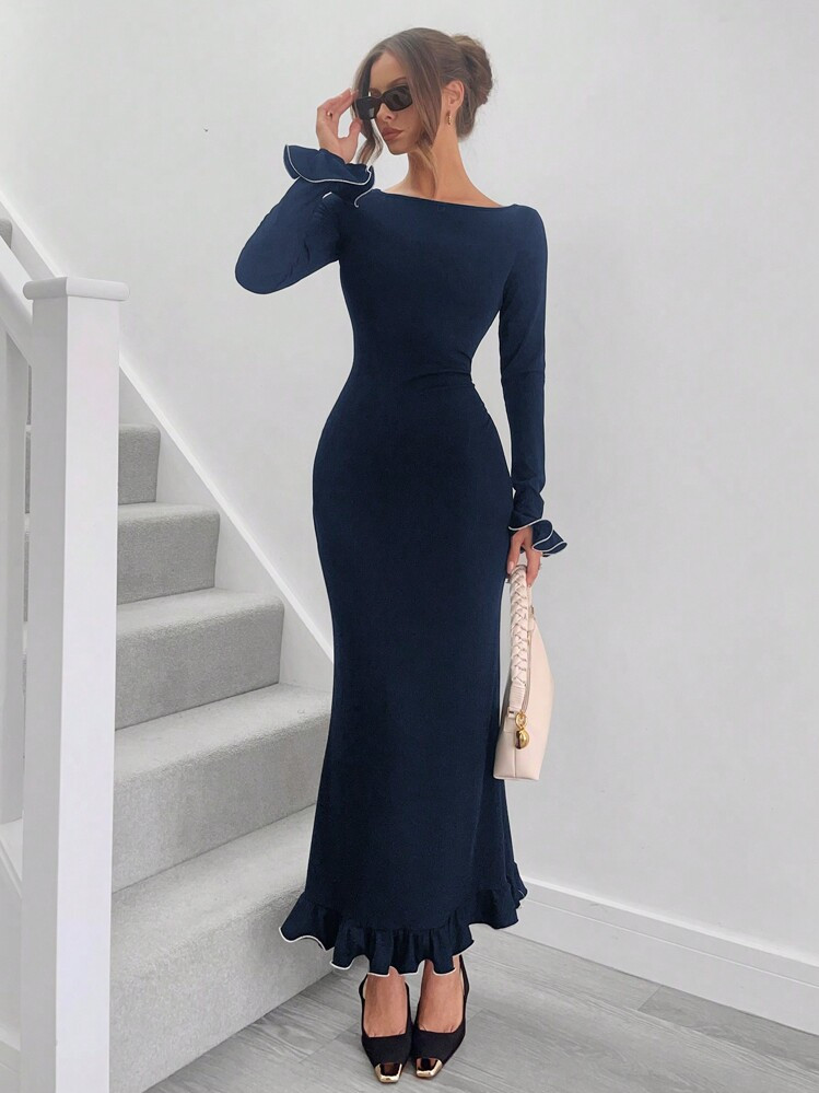 SHEIN Essnce Damen Kleid Mit Rundem Ausschnitt, Trompetenärmeln Und Fischgrätensaum, Elegantes Kleid Mit Rüschenkante, Ideal Für Thanksgiving, Weihnachtsparty, Silvester, Herbst/Winter | SHEIN
