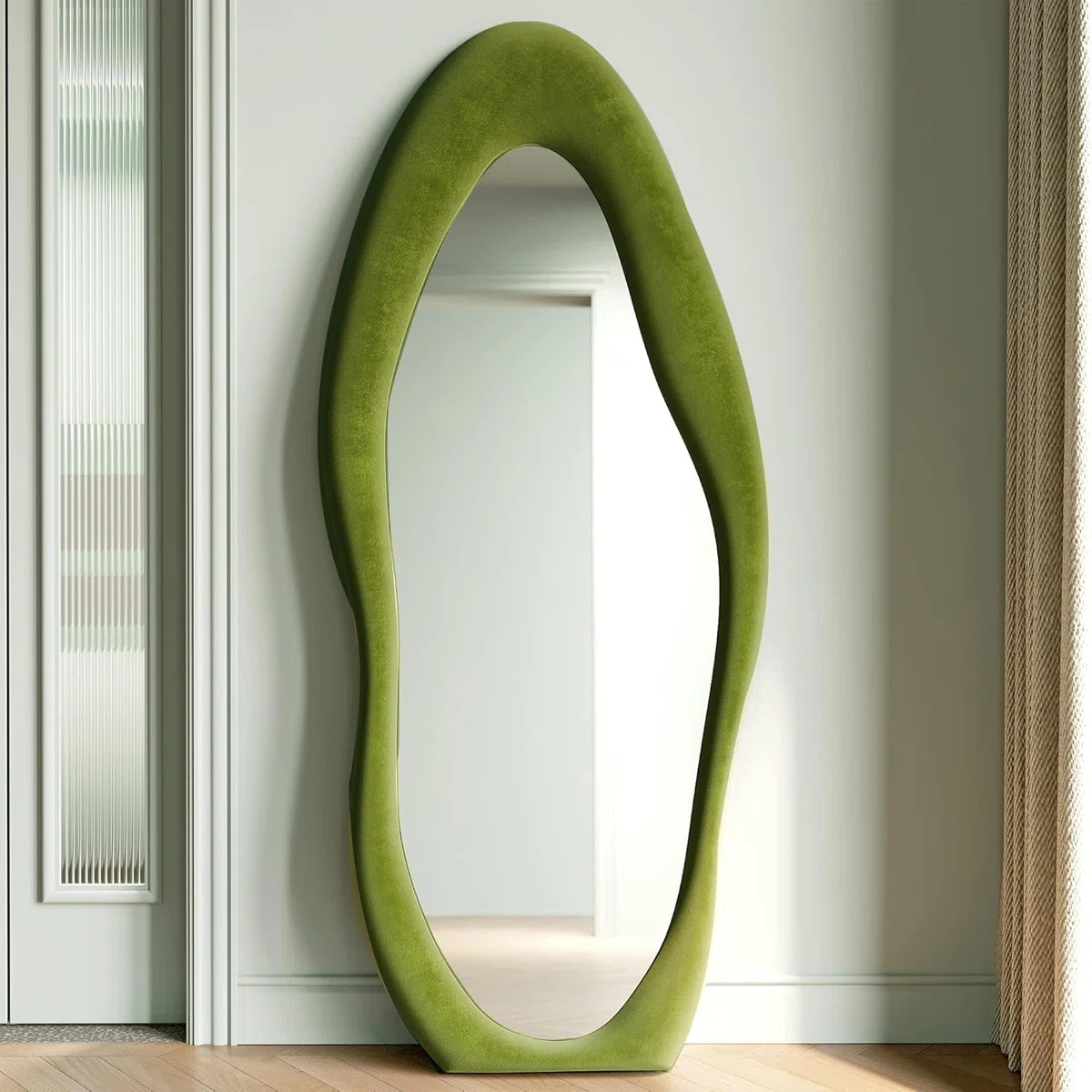 Full Length Mirror With Flannel Wrapped Wooden Frame, Irregular Wavy Design Wall Mirror, Large Fl... | Wayfair North America