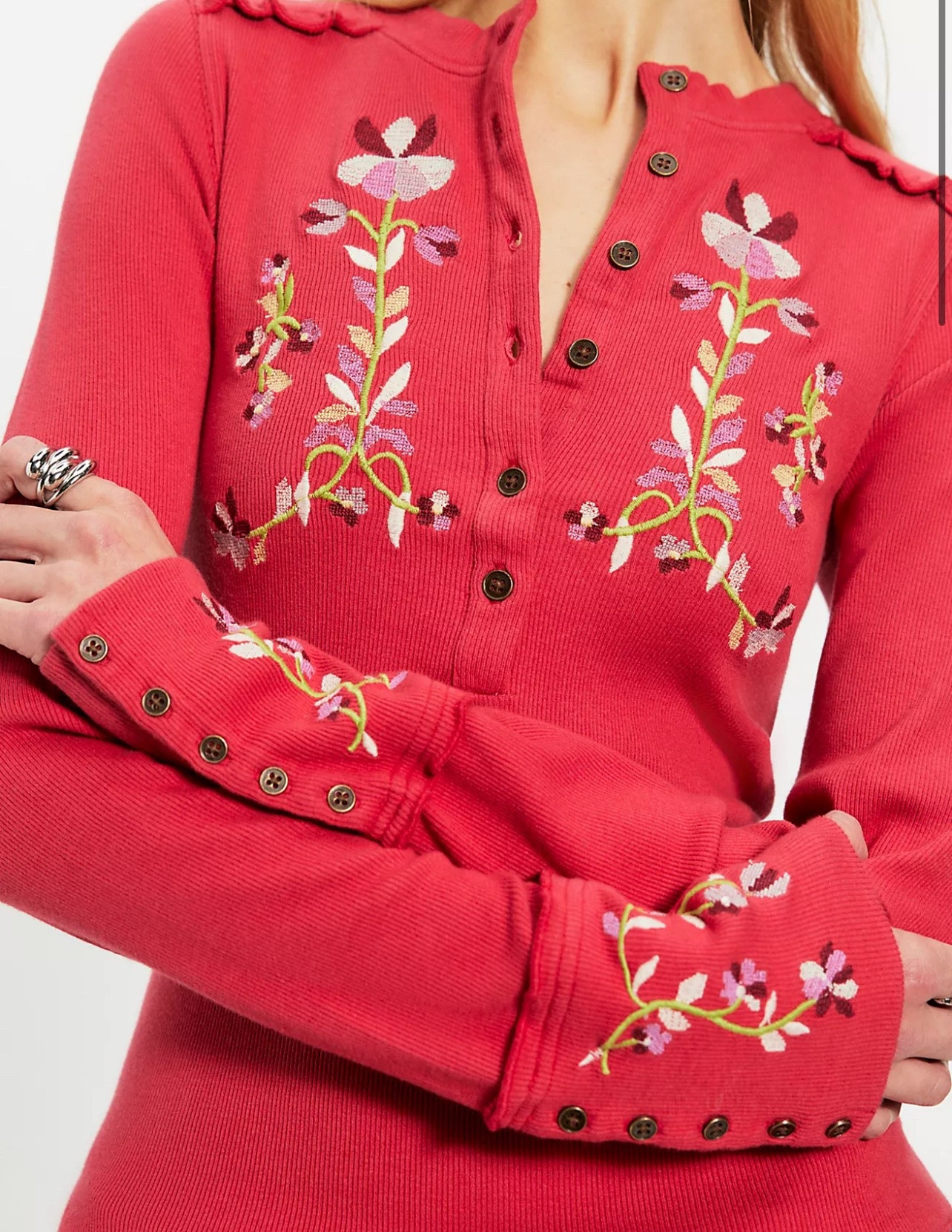 Fleur Embroidered Cuff Henley