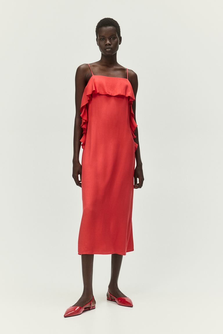 Flounce-trimmed Slip Dress - Red - Ladies | H&M US | H&M (US + CA)