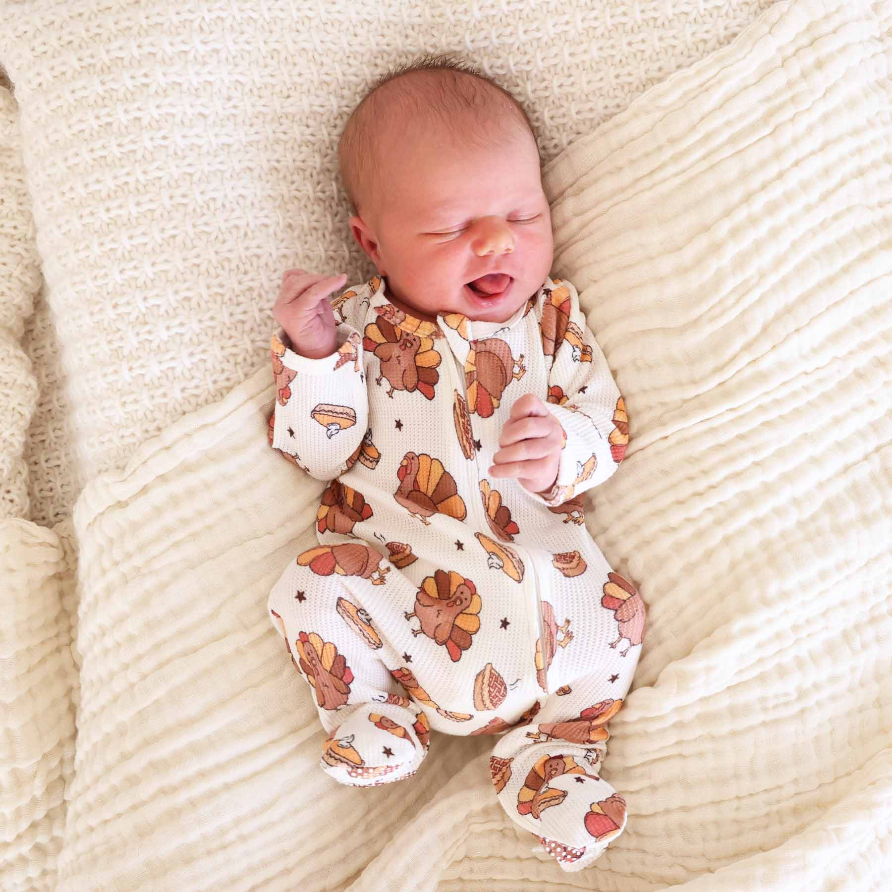 Turkey Treats Bamboo Waffle Zipper Footie | Caden Lane