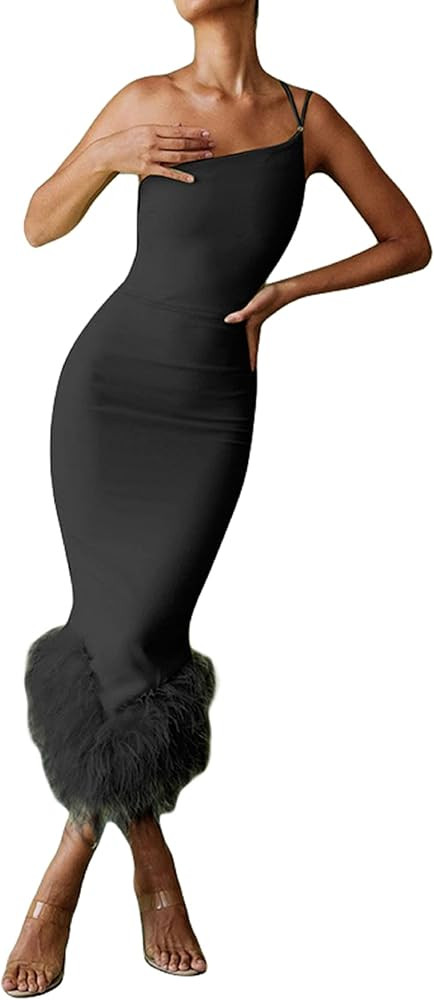 ROAONOCOMO Women Feather Fluffy Trim Dresses Bodycon Short Dress Low Cut Sleeveless Slim Party Dress | Amazon (US)