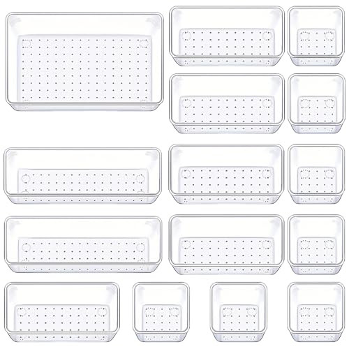 Manalete Drawer Organizers Set of 15, 4 Sizes Clear Plastic Drawer Organizers and Storage Bins for Kitchen, Bathroom, Office, Dresser Desk Drawer Organizer Tray for Jewelry, Makeup, Junk, Gadgets | Amazon (US)