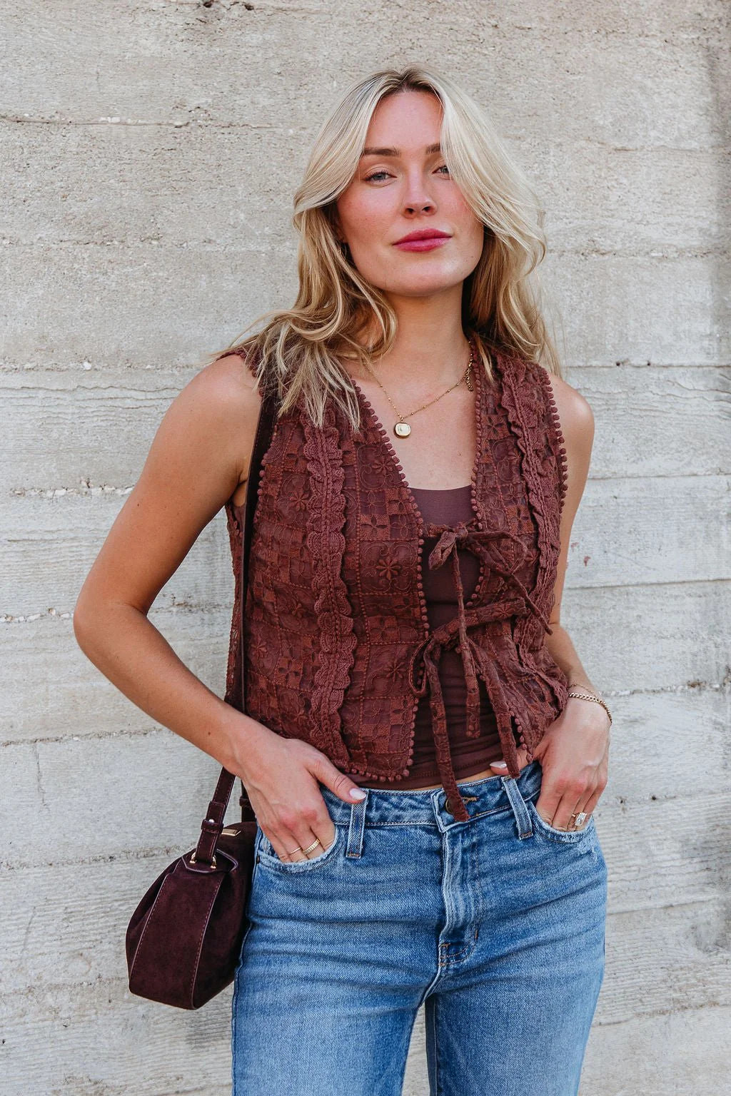 Brown Lace Eyelet Tie Front Vest | Pre Order | Magnolia Boutique