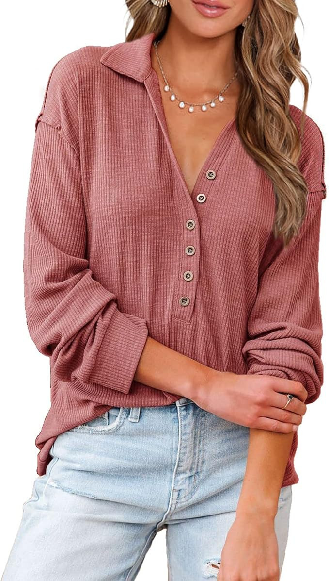 BTFBM Women Casual Button Down V Neck Blouses Long Sleeve Solid Color Stand Collar Knitted Tops C... | Amazon (US)