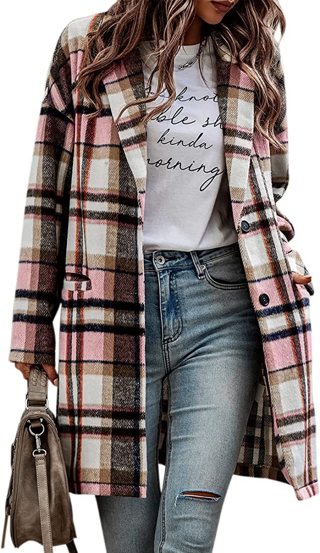 CCTOO Shacket Jacket Women Plaid Long Flannel Lapel Long Sleeve Button Down Shirt Jacket Coats wi... | Amazon (US)