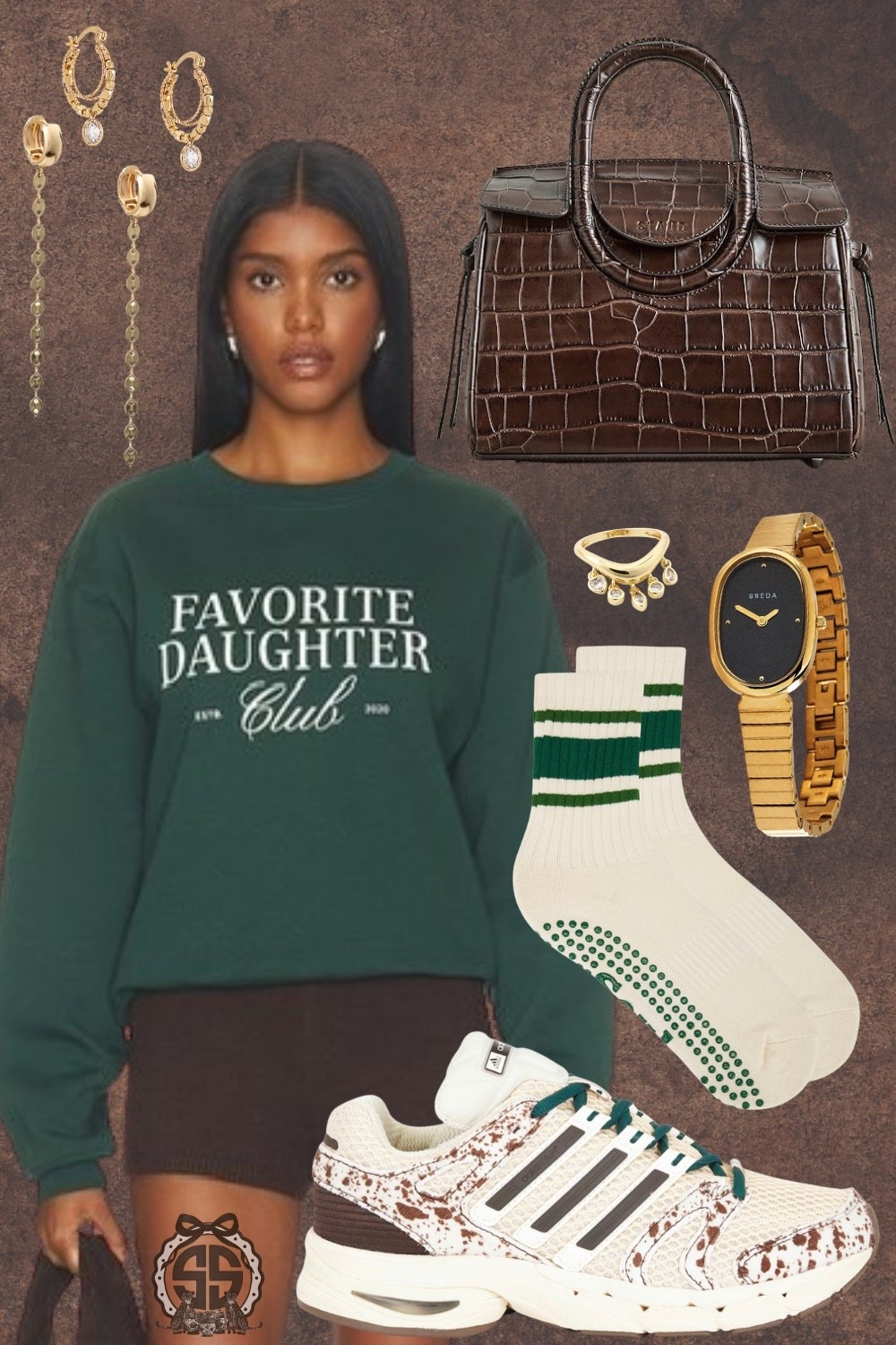 Sporty with a side of Southern prep 🤎💚 This forest green Favorite Daughter sweatshirt and chocolate brown shorts make the cutest casual fall outfit! Add printed adidas sneakers, striped crew socks, a brown croc-embossed handbag, and gold jewelry for an easy weekend look that feels comfy and pulled together.

Loving this green and brown color combo for coffee runs, school pickup, travel days, and casual game days. A gold BREDA watch, hoop earrings, and a dainty ring finish the look. Shop the pieces below! ✨

Fall outfit inspiration • preppy athleisure • women’s sneakers • crewneck sweatshirt • elevated casual style • everyday gold accessories • transitional fall fashion

#LTKStyleTip #LTKShoeCrush #LTKSeasonal

#LTKmomlife #LTKU #LTKActive