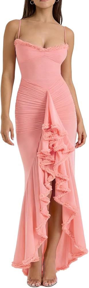 Womens Sexy Backless Spaghetti Strap Dress Mesh Maxi Dresses Asymmetrical Hem Bodycon Dress Party... | Amazon (US)