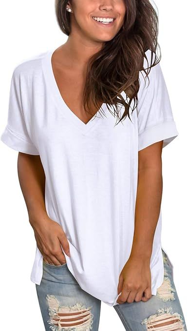 SAMPEEL Women's V Neck T Shirt Rolled Sleeve Side Split Tunic Tops | Amazon (US)