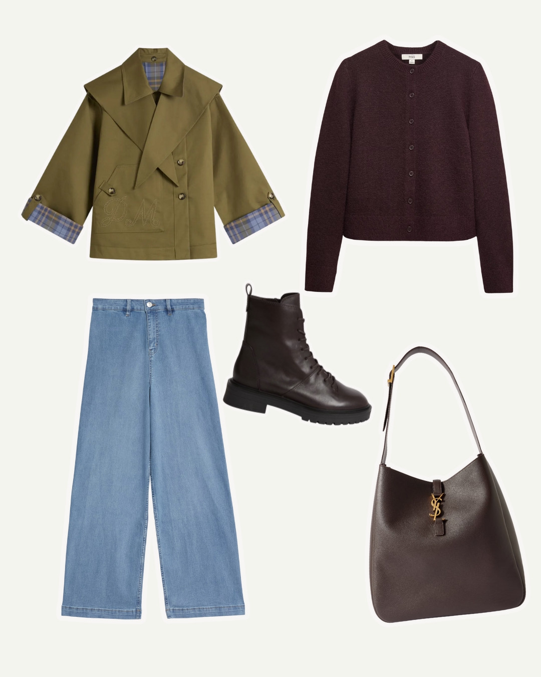 Damson madder cropped khaki trench jacket, wide leg jeans, brown lace up military boots, YSL brown leather hobo tote bag, brown cardigan, workwear, everyday outfit, winter outfit, city break 

 #LTKwinter #LTKjeans #LTKworkwear