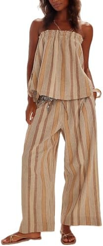 Yiulangde Two Piece Linen Sets for Women Summer Tube Top and Wide Leg Pant Lounge Matching Set 2 ... | Amazon (US)