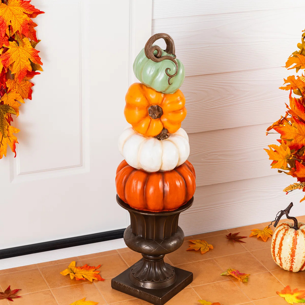 30.75"H Fall MGO Stacked Pumpkin with Brown Urn Porch Decor | Wayfair North America