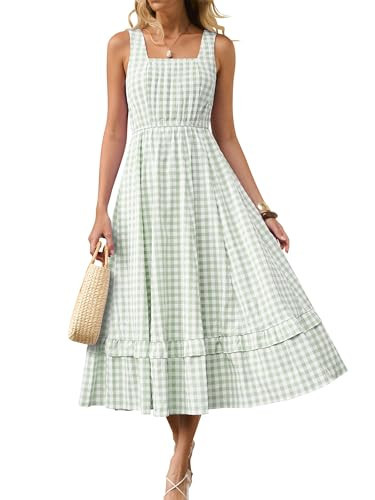 Caracilia Womens Summer Casual Gingham Plaid Midi Dress Sleeveless Square Neck Flowy Beach Vacati... | Amazon (US)