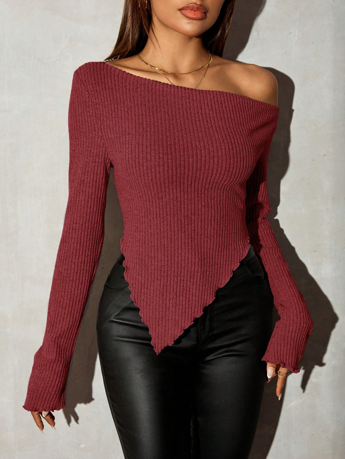 SHEIN SXY Grunge Asymmetrical Neck Rib-Knit Tee,Fall Women Going Out Tops | SHEIN