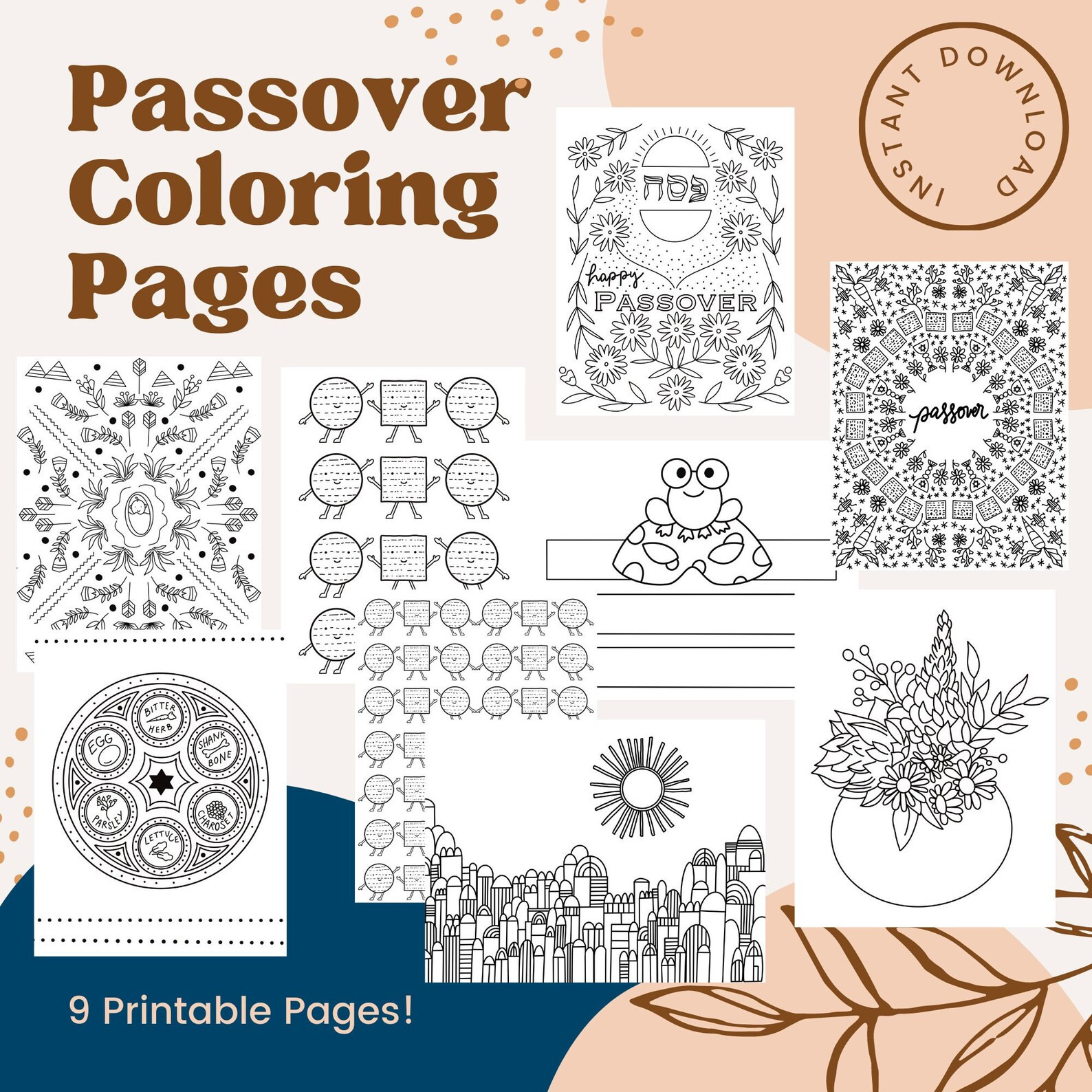 2022 Passover Coloring Pages - Seder Plate, Matzoh, Baby Moses, Flowers, Jerusalem, Frogs Headban... | Etsy (US)