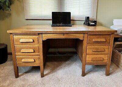 Solid Antique Tiger Oak Teachers Desk | eBay US
