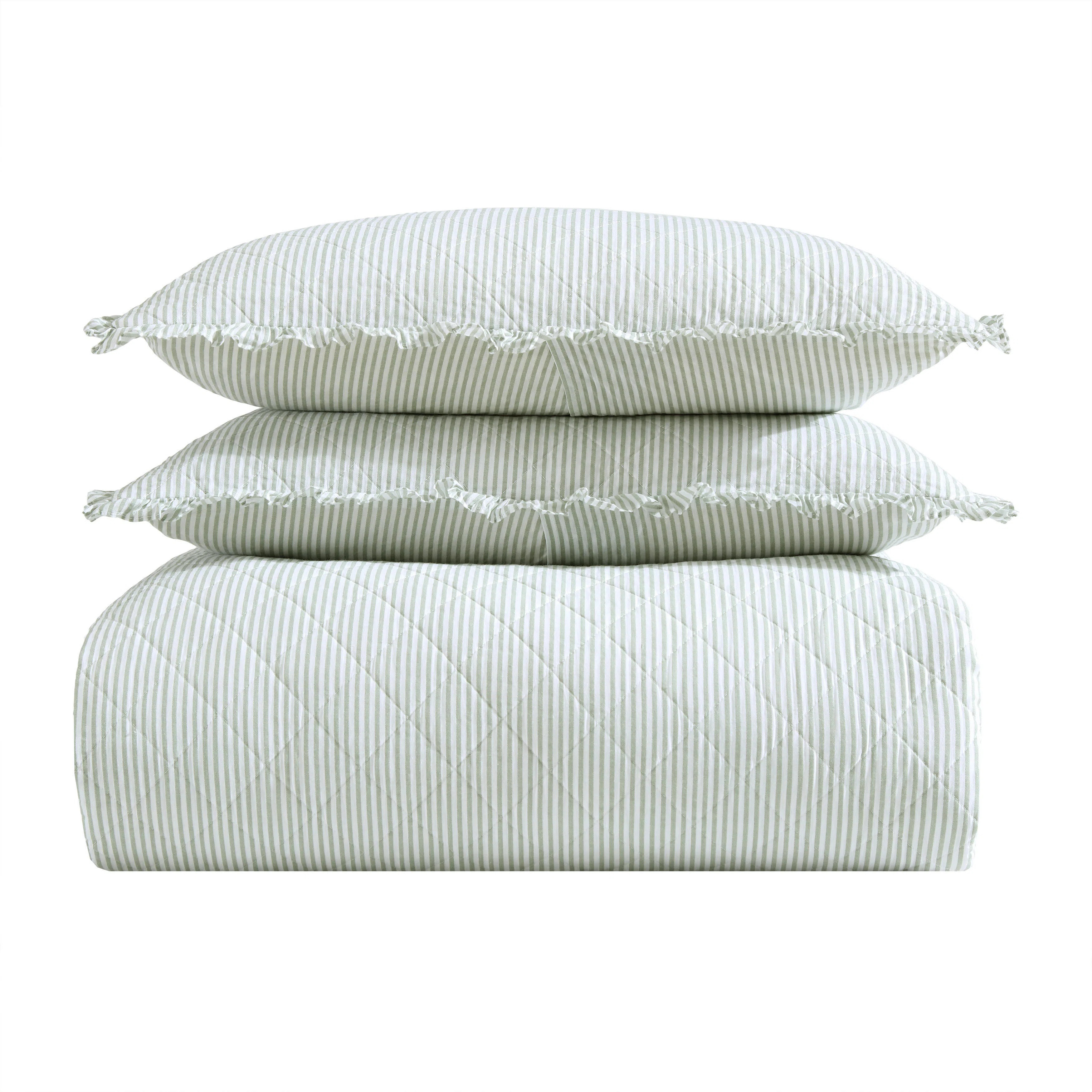 Laura Ashley Oxford Stripe Cotton Reversible Green Quilt Set | Wayfair | Wayfair North America
