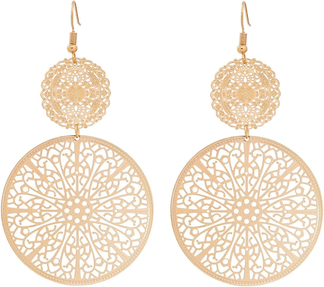 Filigree Disc Drop Earrings Double Round Disc Statement Earrings Metallic Brass Disc Dangle Hook ... | Amazon (US)