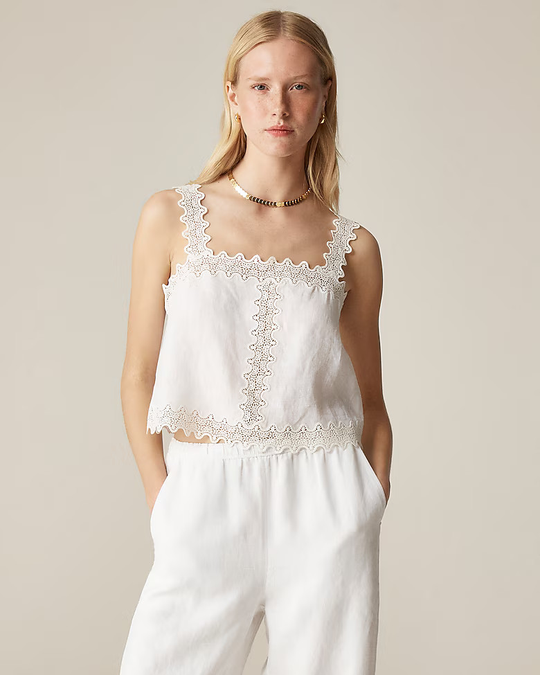 Lace-trim squareneck tank top in linen | J. Crew US