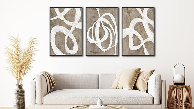 Framed Boho Wall Art Decor - Abstract Brown and White Line Painting Prints 16"x24" Set of 3 Moder... | Amazon (US)