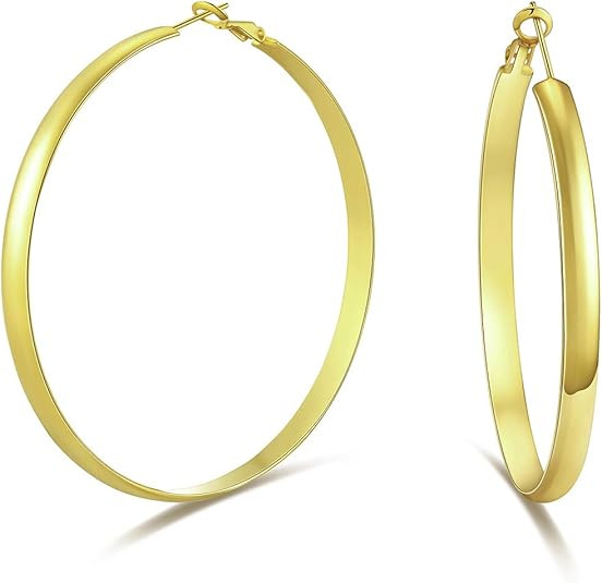 WOWSHOW 5mm Thick Flat Edge Gold Hoop Earrings Stainless for Women Girls 30mm-70mm | Amazon (US)