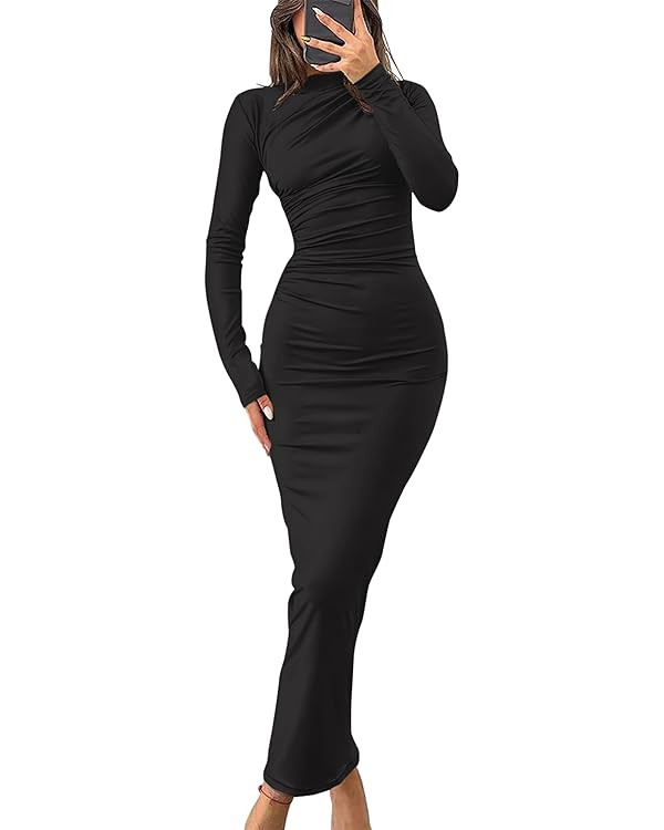 ZESICA Women's Long Sleeve Bodycon Maxi Dresses 2024 Fall Knit Slim Fit Ruched Sexy Elegant Cockt... | Amazon (US)