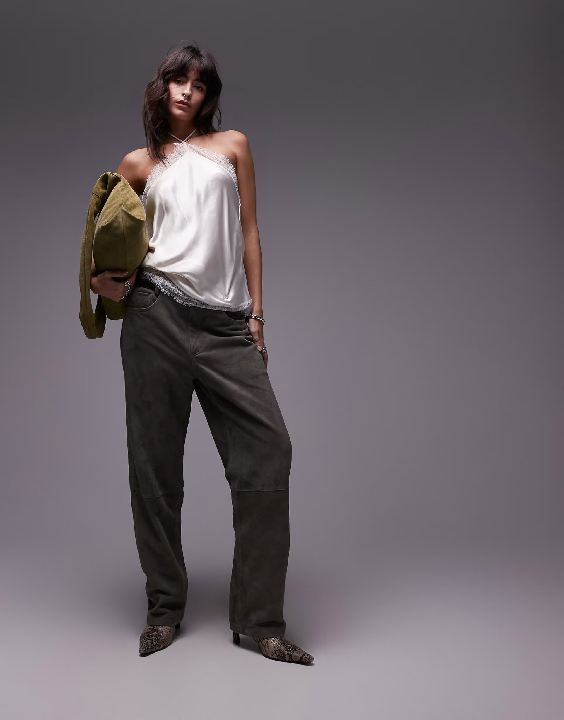 Topshop satin halter with lace trim in ivory | ASOS (Global)