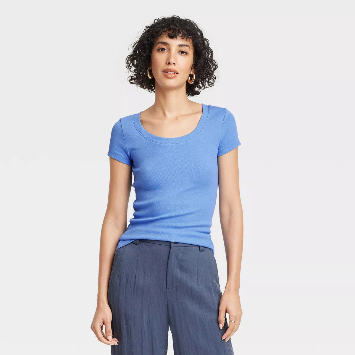 Women's Slim Fit Short Sleeve Ribbed Scoop Neck T-Shirt - A New Day™ Dark Blue L | Target