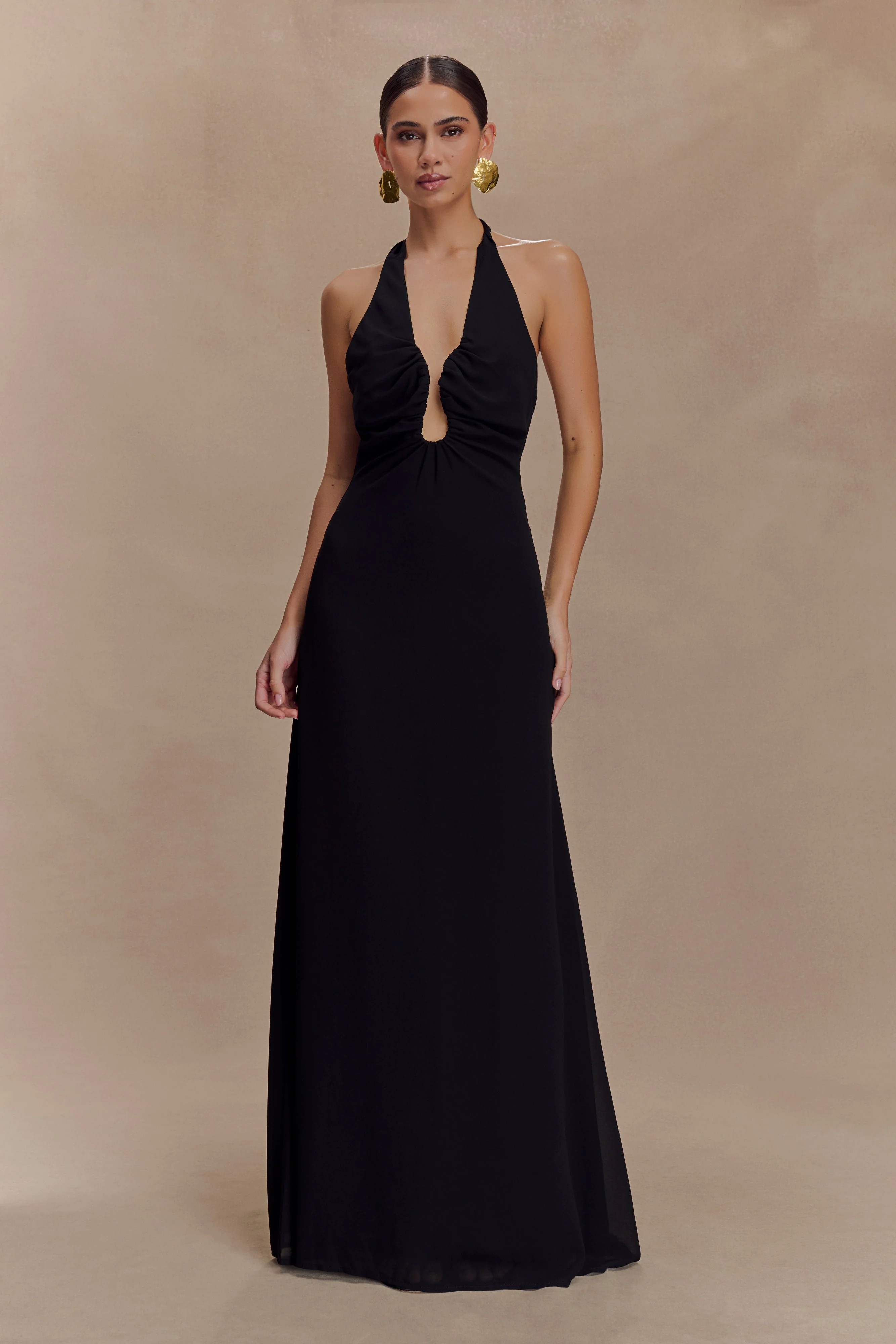 Malakhai Chiffon Halter Maxi Dress - Black | MESHKI US