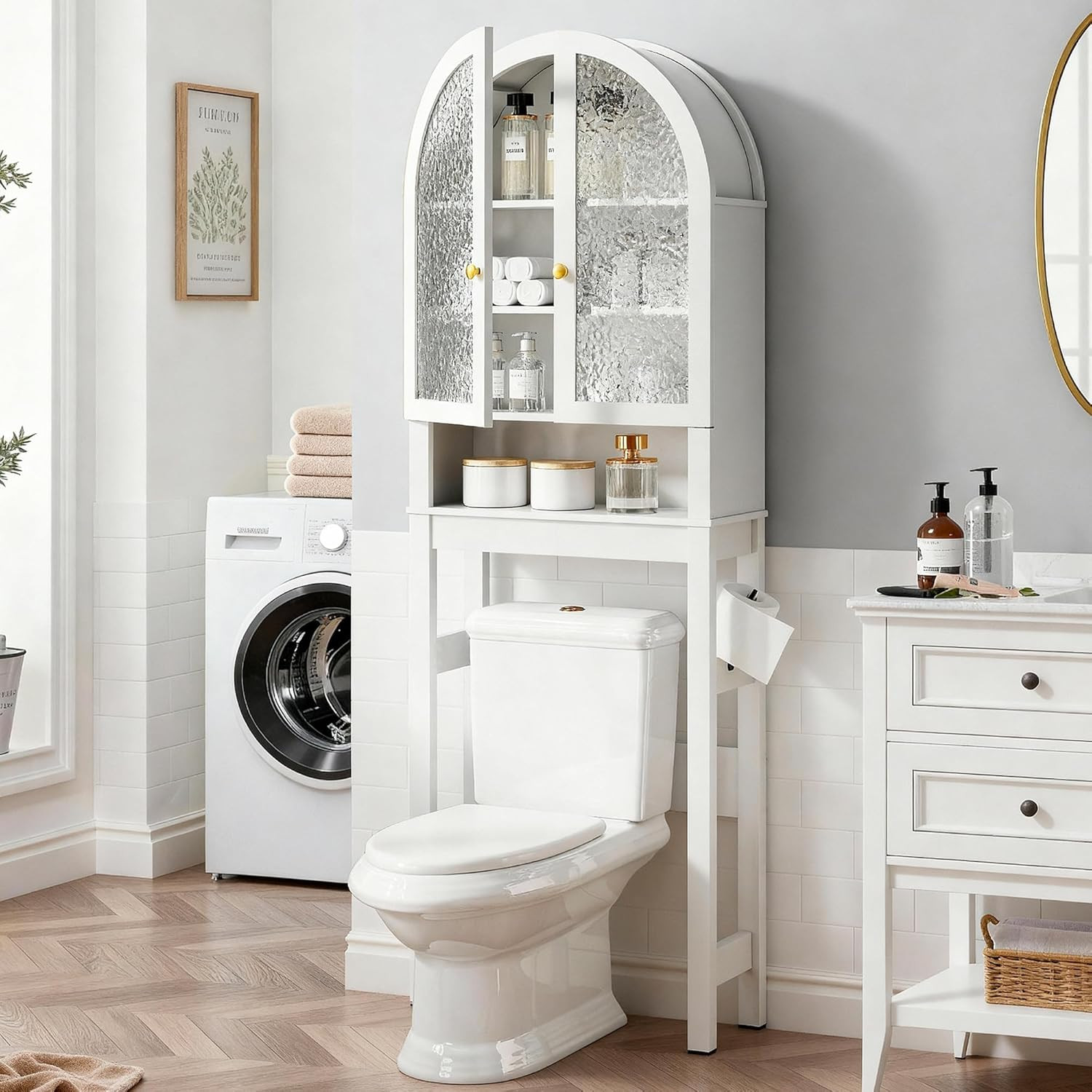 HMstone Over The Toilet Storage Cabinet, Arched Bathroom Organizer and Storage with Acrylic Doors and Adjustable Shelf, Space-Saving Freestanding Bathroom Modern Storage Cabinet Over Toilet, White | Amazon (US)