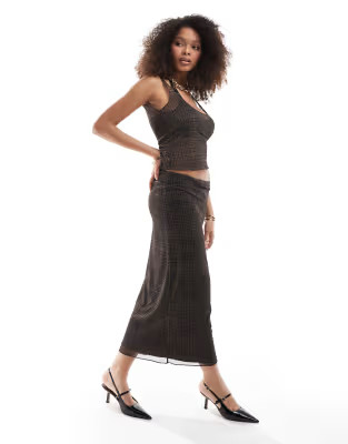 Pull&Bear mesh top and skirt co-ord in brown check | ASOS (Global)