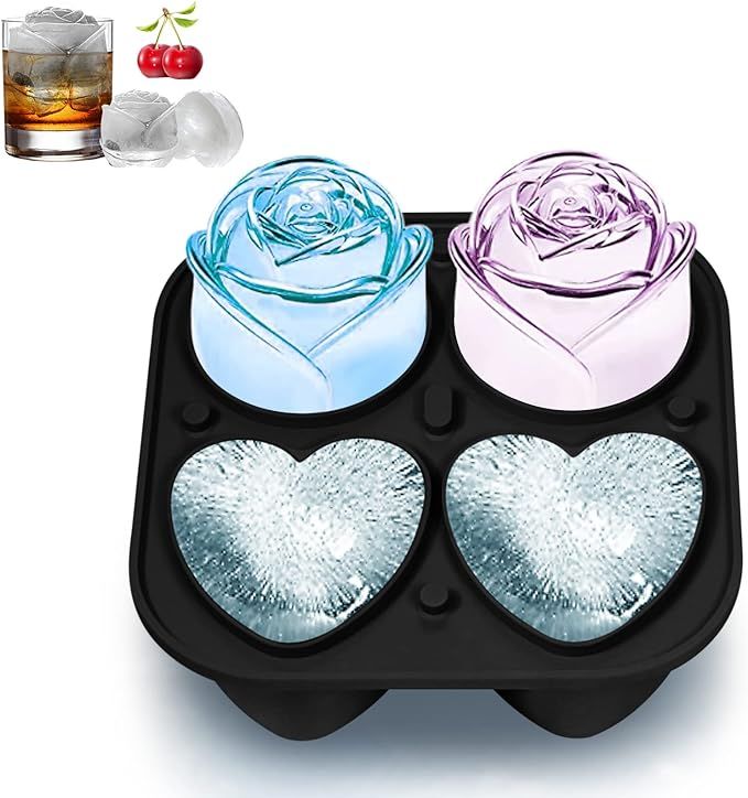 Ice Cube Tray, HANCELANT 2.5inch Rose & 3D Love Heart Ice Molds, 2 Big Rose & 2 Big Hearts Mold, ... | Amazon (US)