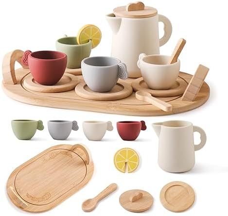 Youuys Wooden Tea Party Set for Toddler 3-5,Kids Tea Sets for Little Girls 4-6, 14pcs Silicone Ki... | Amazon (US)