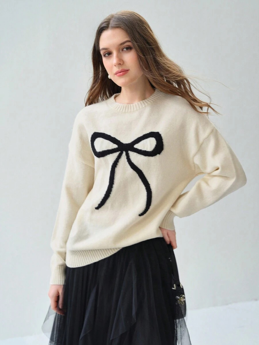 Enchnt Autumn Sweater, Romantic Round Neck Bow Pattern, Loose And Fashionable, Oversized Comforta... | SHEIN