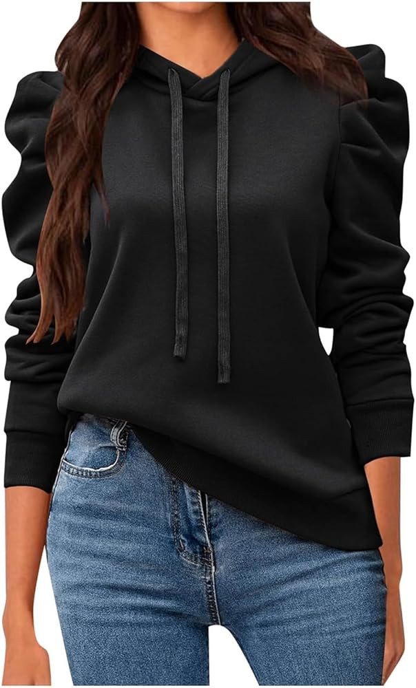 Women's Casual Puff Long Sleeve Hoodie Lightweight Pullover Tops Solid Loose Sweatshirt Fall Outf... | Amazon (US)