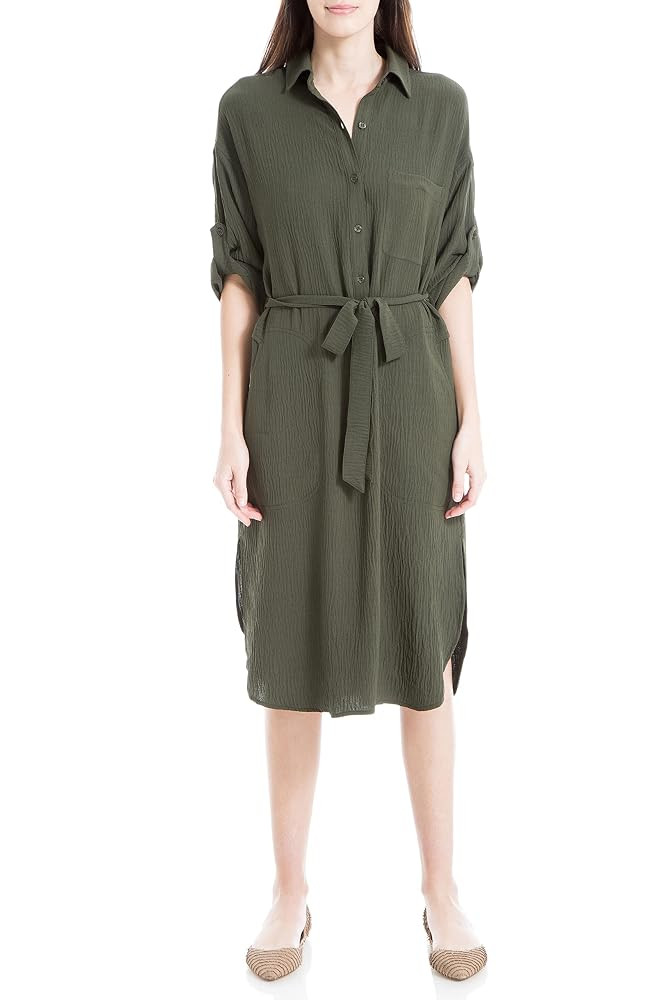 Max Studio Women's Button Front Midi Shirt Dress | Amazon (US)