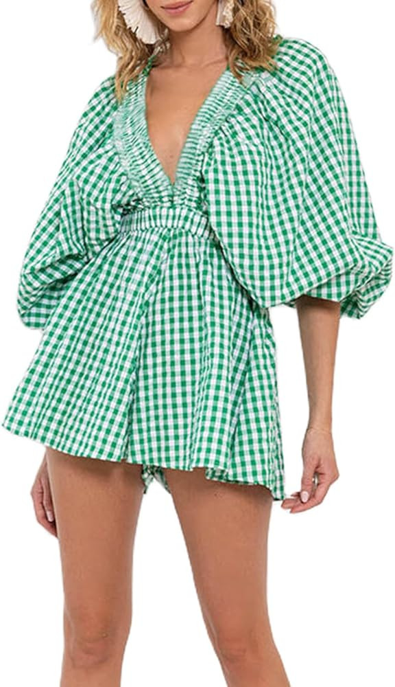 Women's Long Puff Sleeve Short Romper Summer Cute Deep V Neck Flowy Tropical Beach Vacation Plays... | Amazon (US)