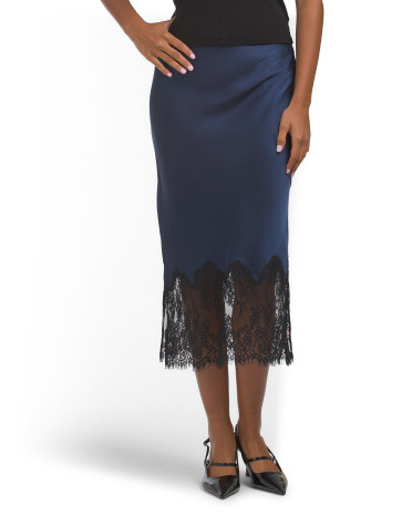 Solid Satin Pull On Bias Cut Skirt With Bottom Lace | TJ Maxx