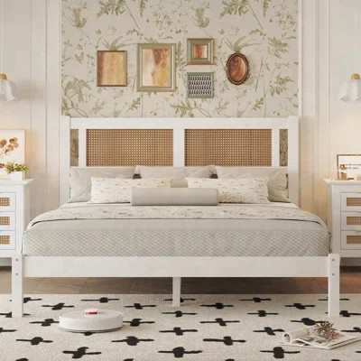 Wood Platform Bed with Natural Rattan Headboard | Wayfair North America