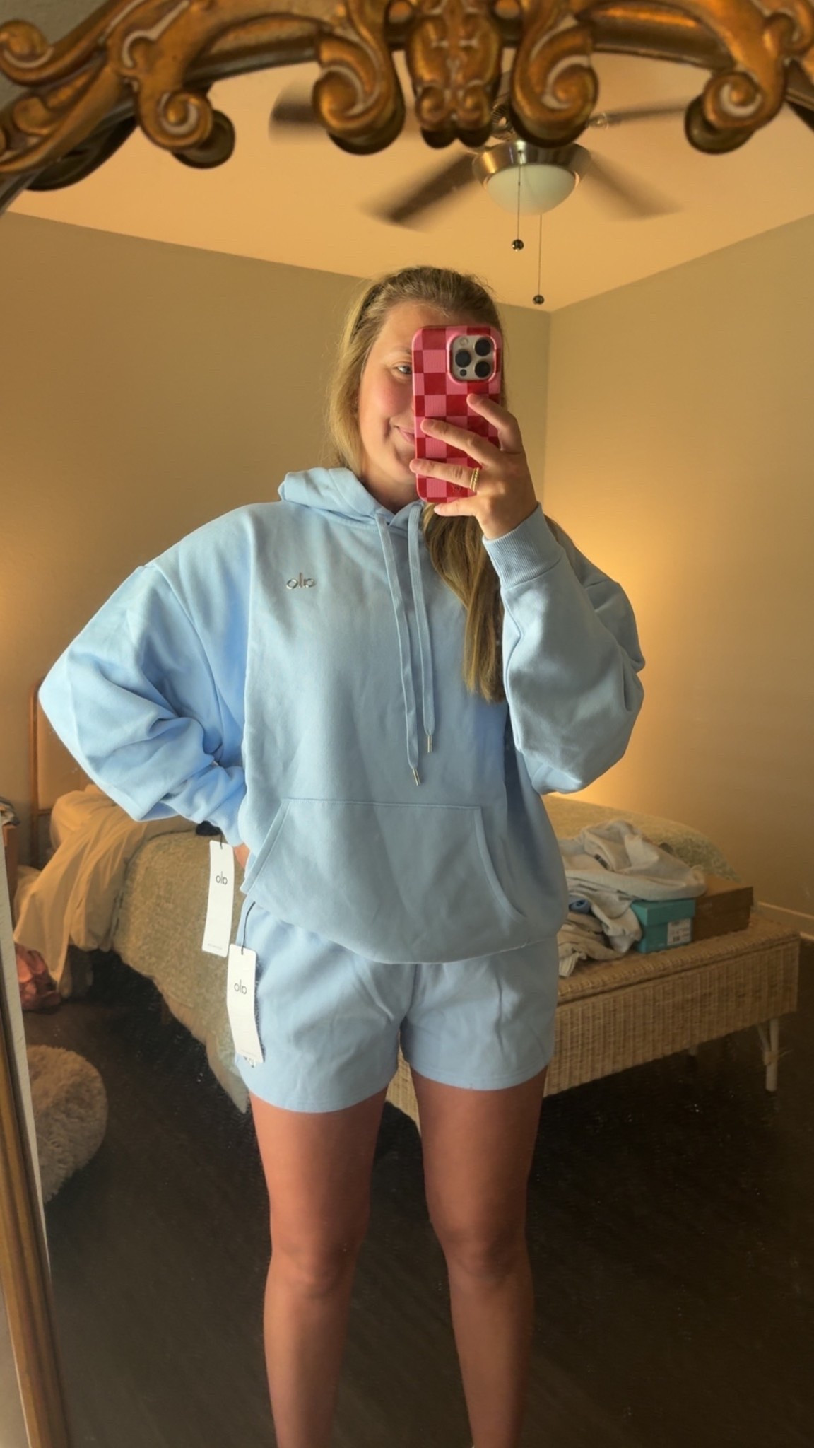 I got the size Large in the hoodie and a small in the shorts!! 🔗🤍🩵 I love this color so much 🤩 this is the perfect lounge set! #aloyoga

#LTKHome #LTKActive